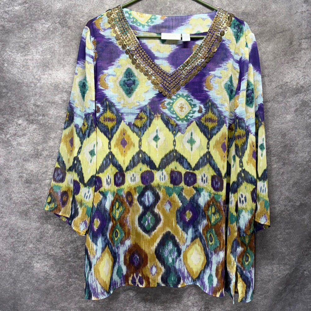 Chicos Purple Yellow Ikat Beaded V-Neck Tunic Blouse Size 3 XL Semi Sheer Boho